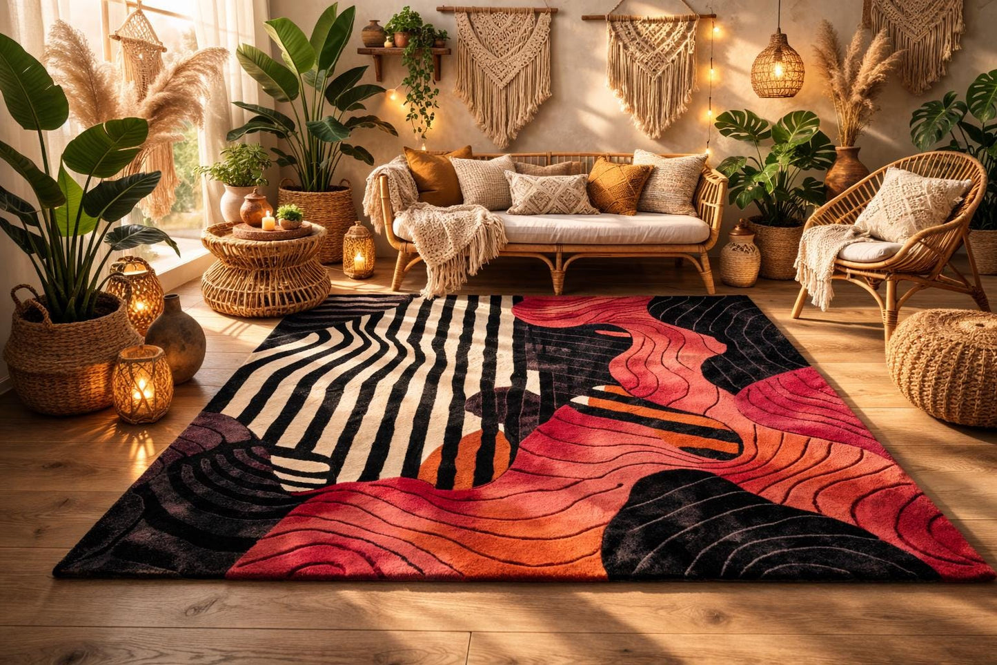 Modern Abstract Area Rug, Black White Red Orange Contemporary Silk Carpet, Statement Floor Art