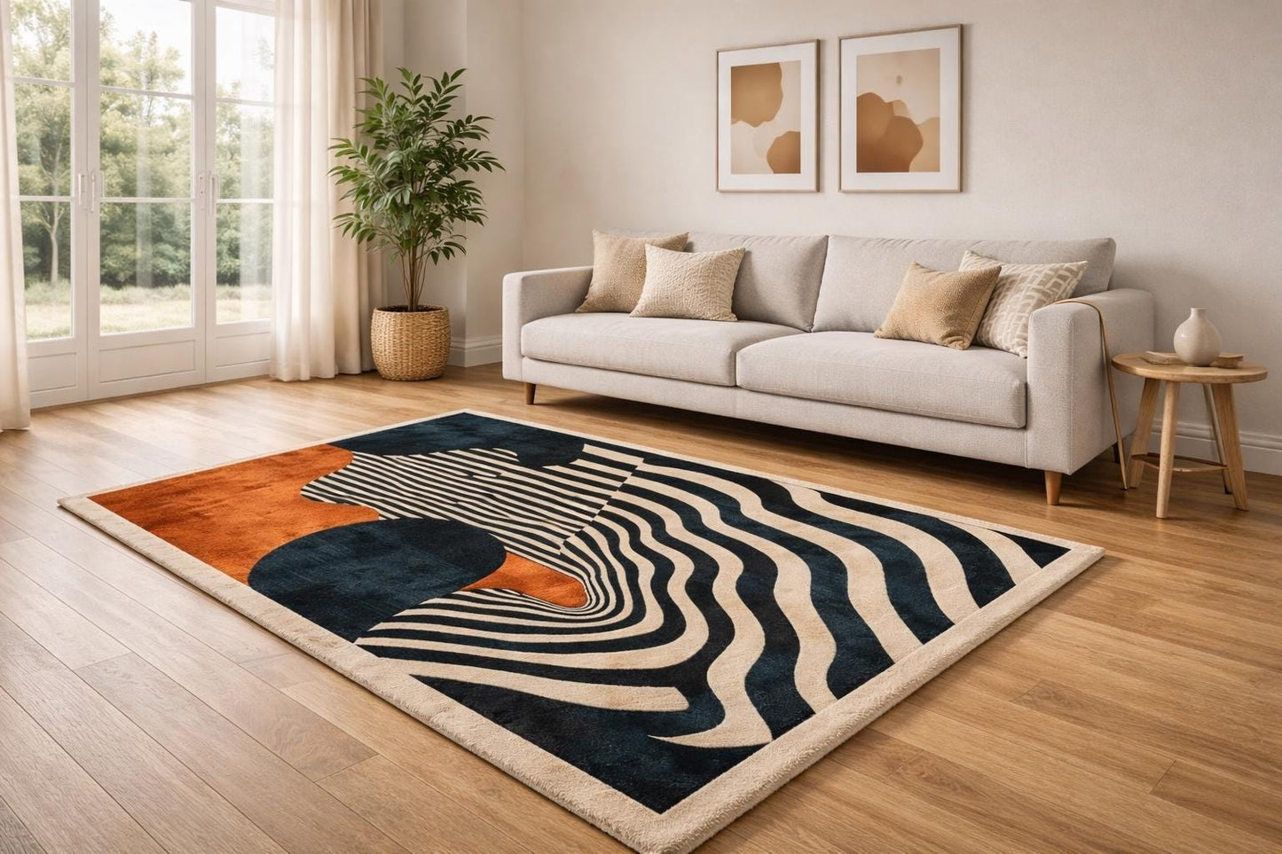 Abstract Wave Stripe Area Rug, Rust Orange Accent, Modern Living Room Carpet (9x12)