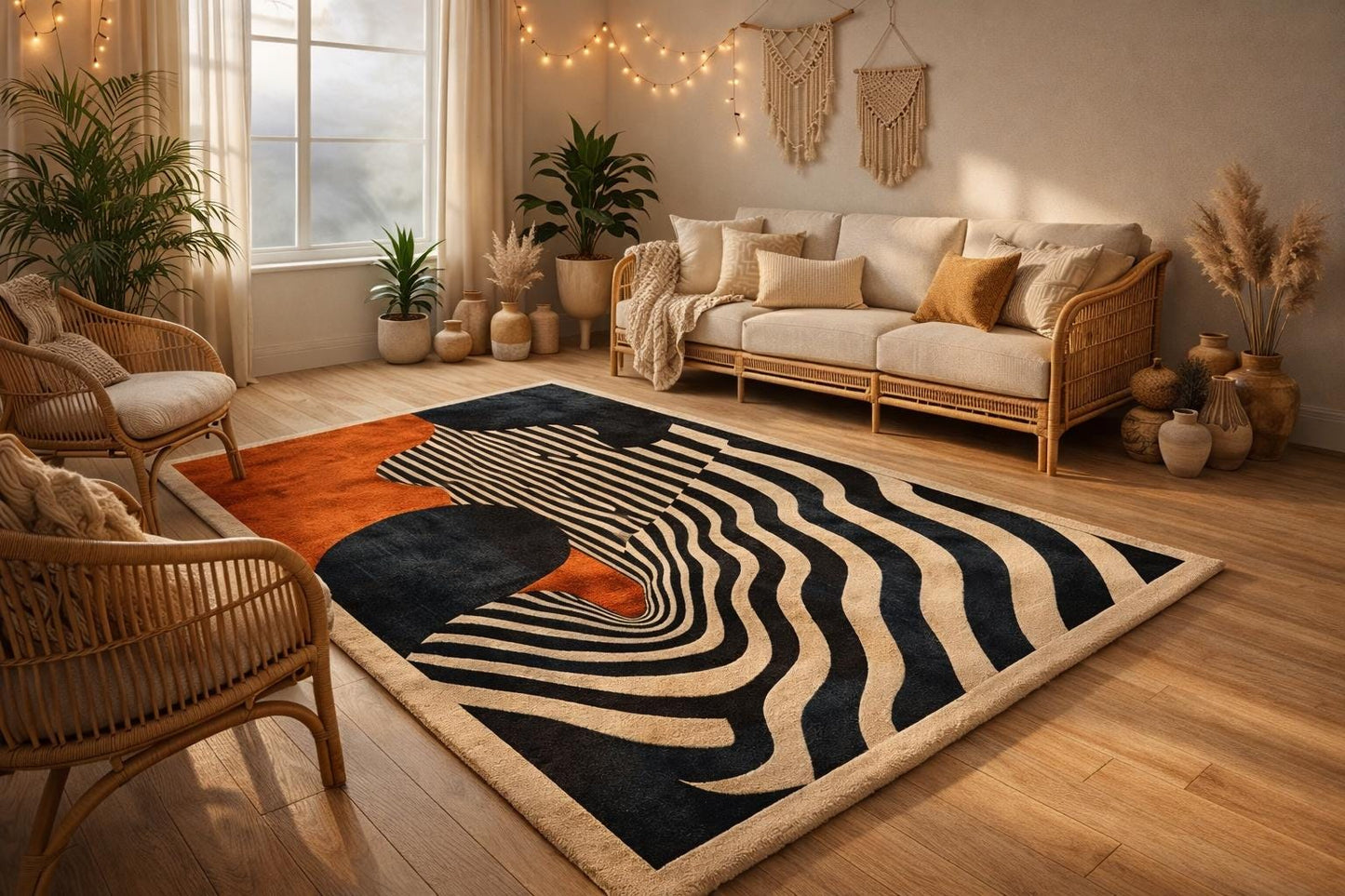 Abstract Wave Stripe Area Rug, Rust Orange Accent, Modern Living Room Carpet (9x12)