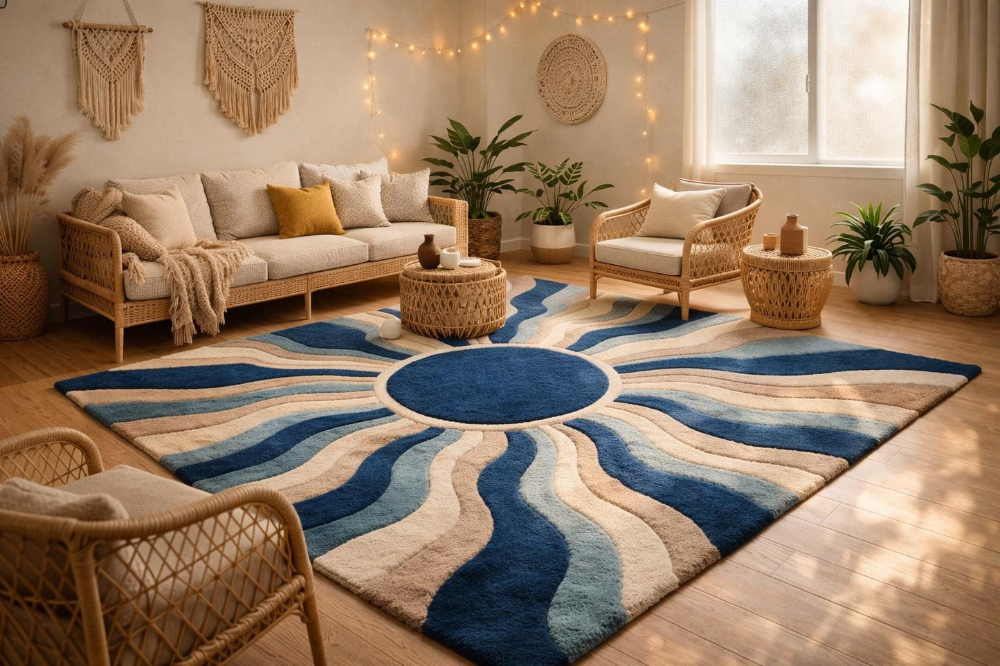 Hand-Tufted New Zealand Wool Rug | Modern Blue Beige Wave Design