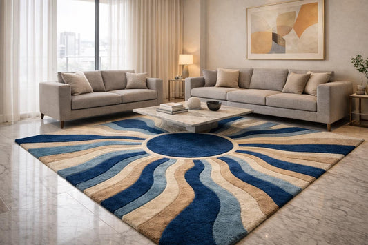 Hand-Tufted New Zealand Wool Rug | Modern Blue Beige Wave Design