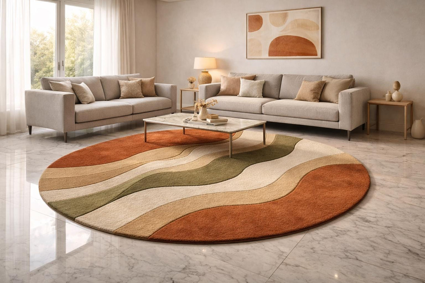 Round Abstract Area Rug, Earth Tone Wave Carpet, Contemporary Living Room Statement Circle Rug