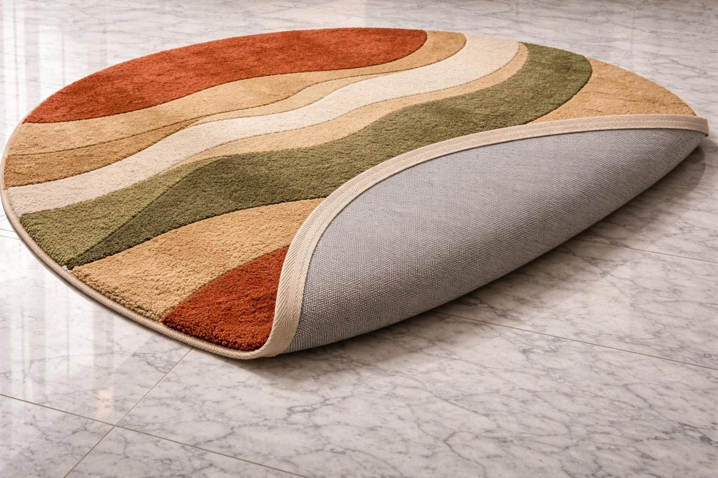 Round Abstract Area Rug, Earth Tone Wave Carpet, Contemporary Living Room Statement Circle Rug