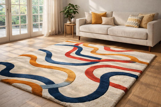 Hand Tufted Wool Area Rug 6x9  – Modern Wavy Design, Mid-Century Colorful Carpet