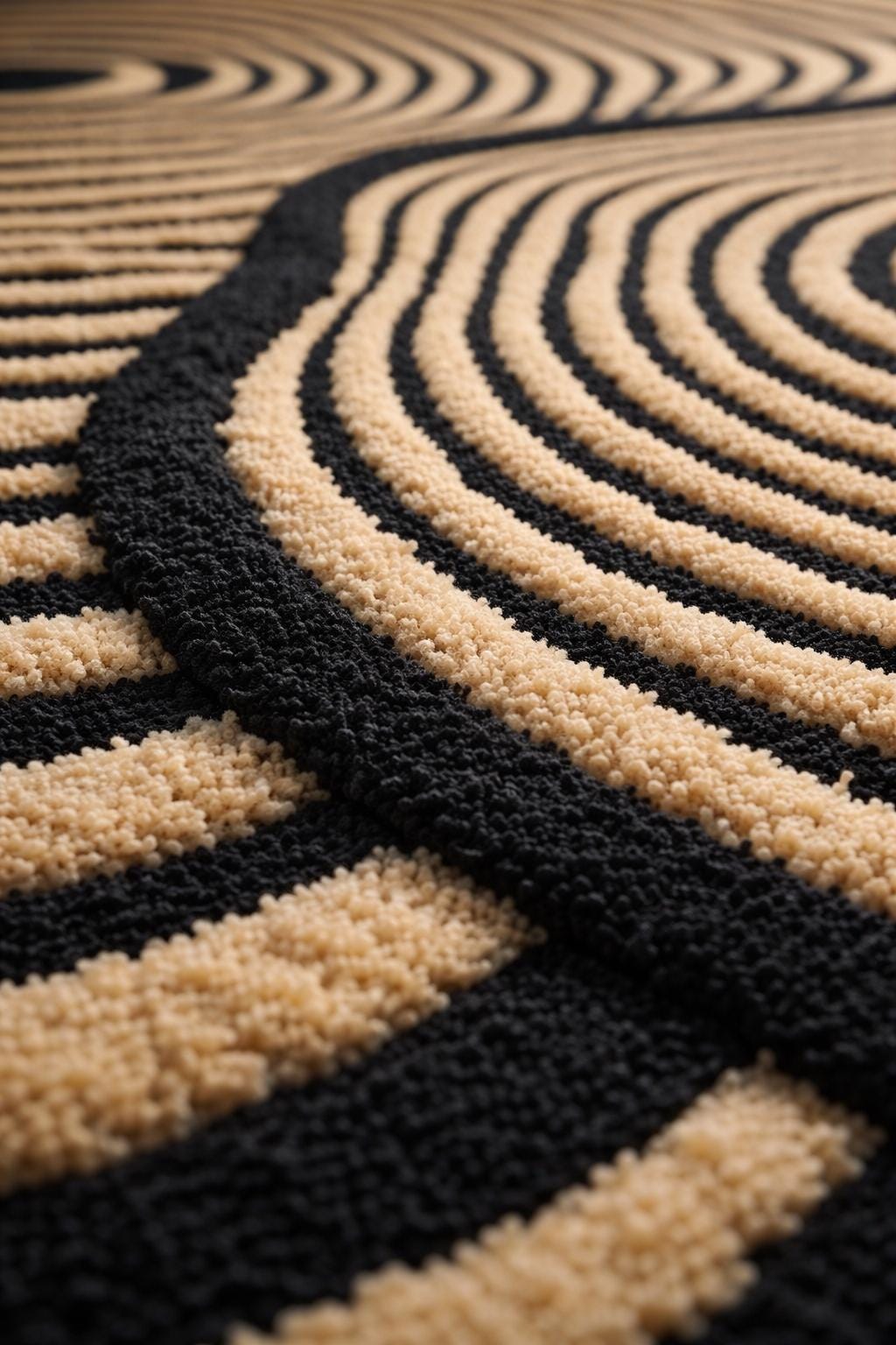 Organic Shaped Area Rug: Black Beige Abstract Tree Ring Design , New Zealand Wool Rug