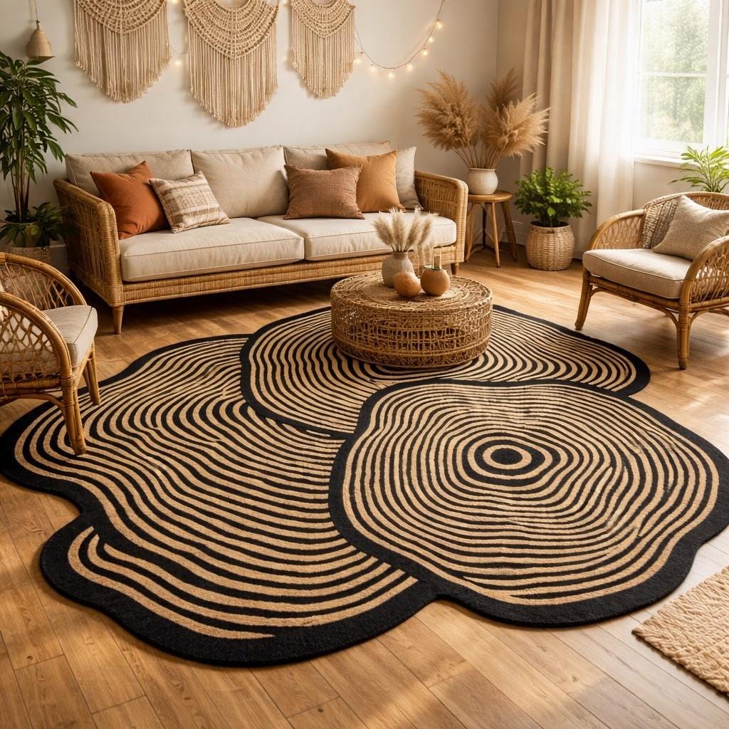Organic Shaped Area Rug: Black Beige Abstract Tree Ring Design , New Zealand Wool Rug
