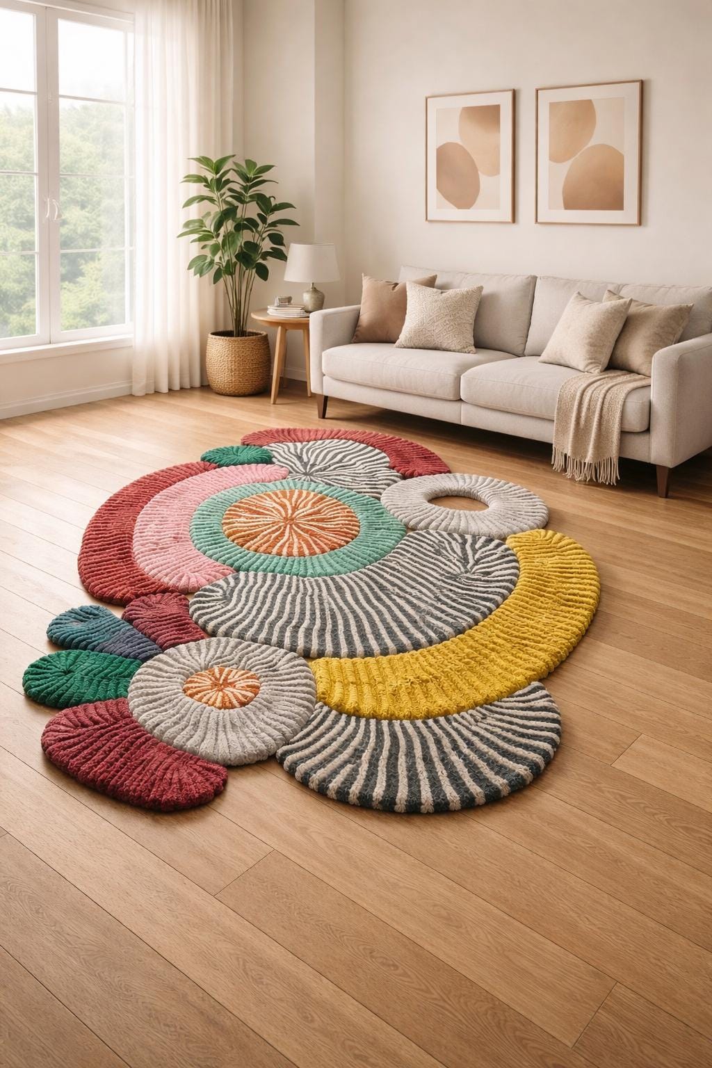 Abstract Tufted Wool Area Rug: Colorful Irregular Shape, Modern Home Decor
