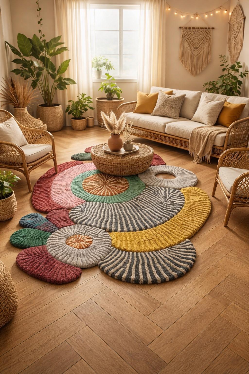 Abstract Tufted Wool Area Rug: Colorful Irregular Shape, Modern Home Decor