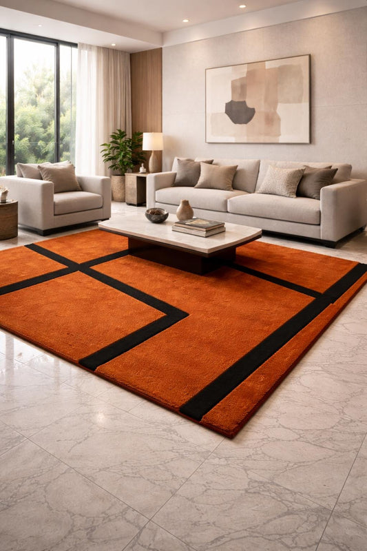 Burnt Orange Geometric Wall Rug, Black Abstract Tufted Carpet, New Zealand Wool Decor