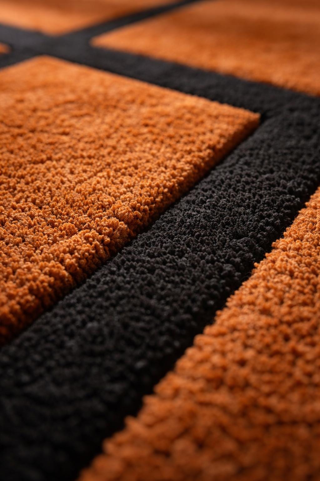 Burnt Orange Geometric Wall Rug, Black Abstract Tufted Carpet, New Zealand Wool Decor