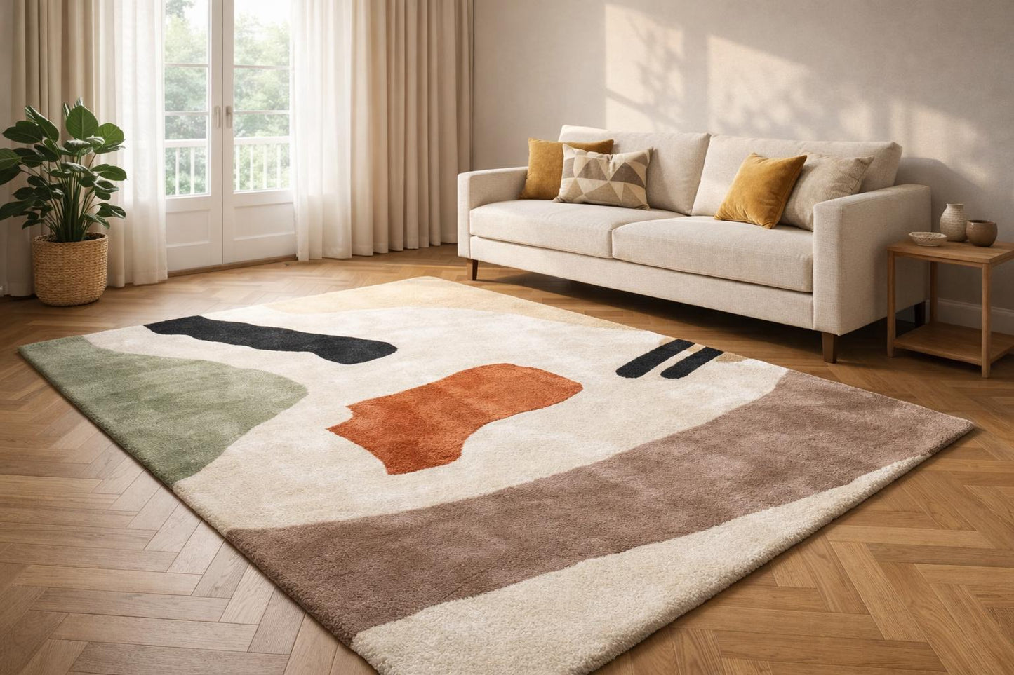 Hand Tufted Wool Abstract Area Rug, 8x10 Neutral Contemporary Carpet