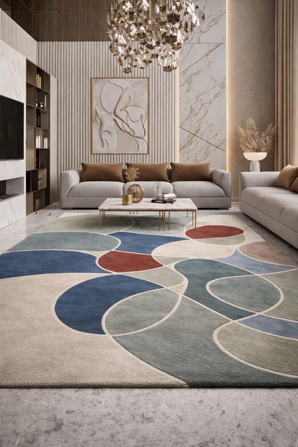 Handmade Abstract Geometric Wool Rug, Modern Interior Scandinavian Plush Carpet
