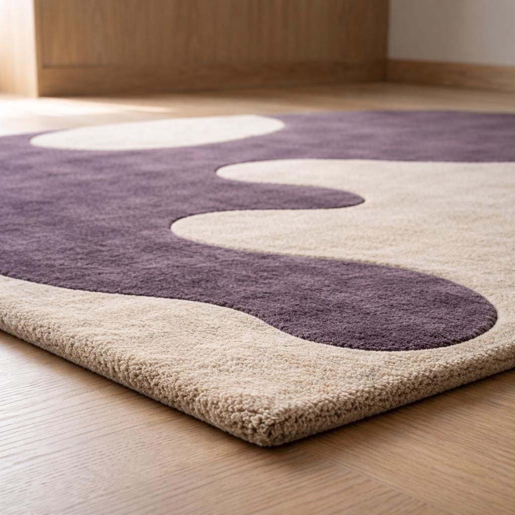 Abstract Purple Cream Wool Round Rug, Hand-Tufted Modern Carpet, Plush Home Decor