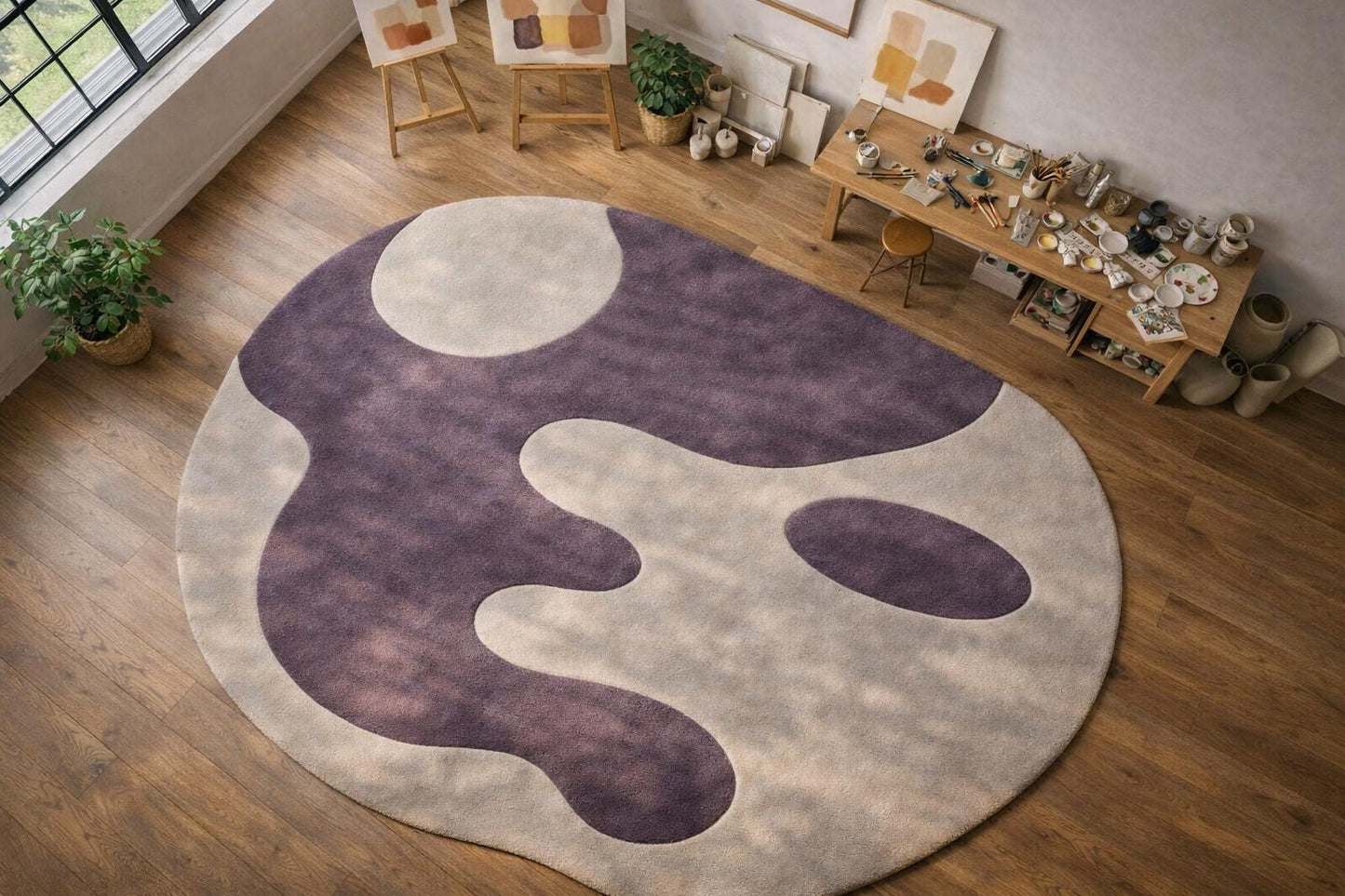 Abstract Purple Cream Wool Round Rug, Hand-Tufted Modern Carpet, Plush Home Decor