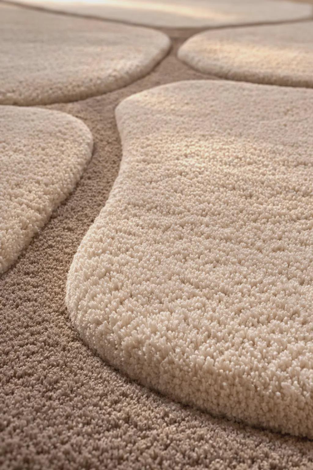 Modular Geometric Handmade  New Zealand Wool Rug, Plush Beige Interior Carpet