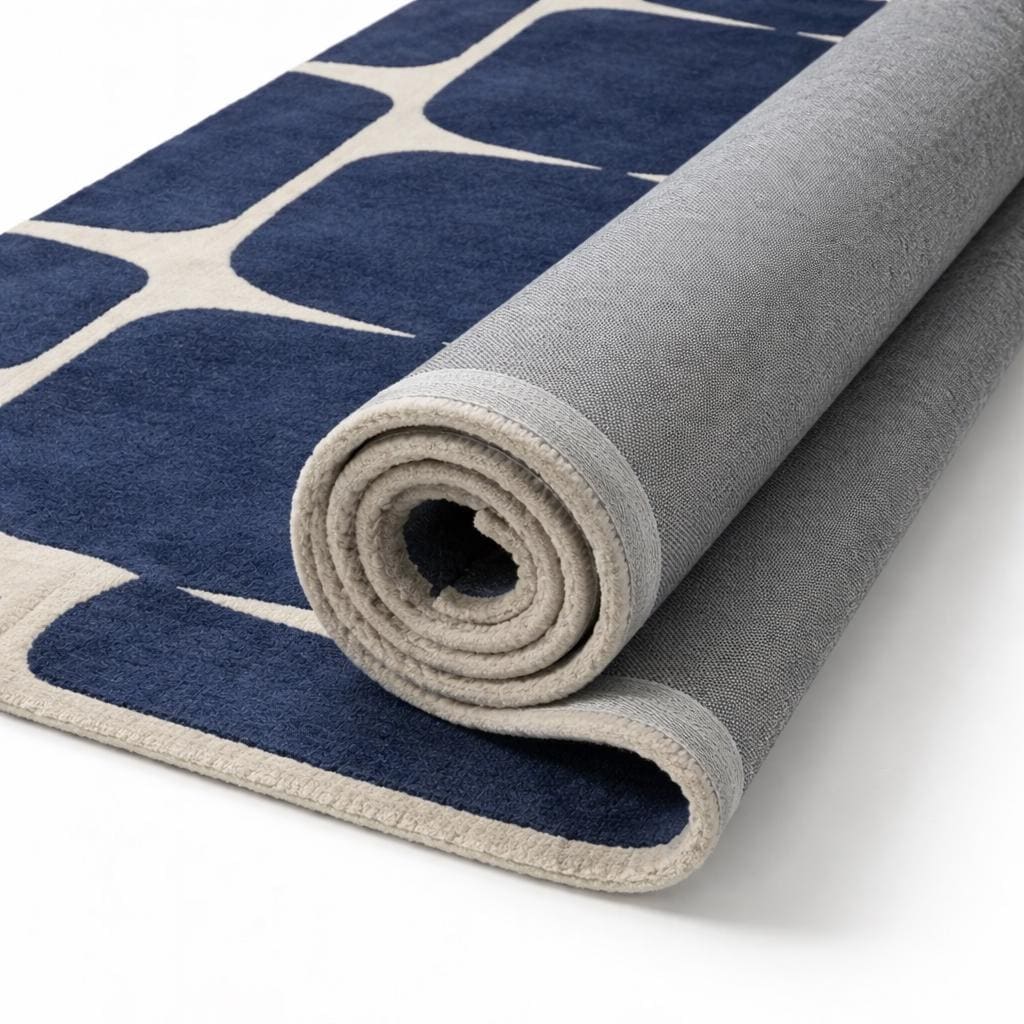 Handmade Wool Area Rug, Navy Blue Geometric Block Carpet, Scandinavian Style Home Decor