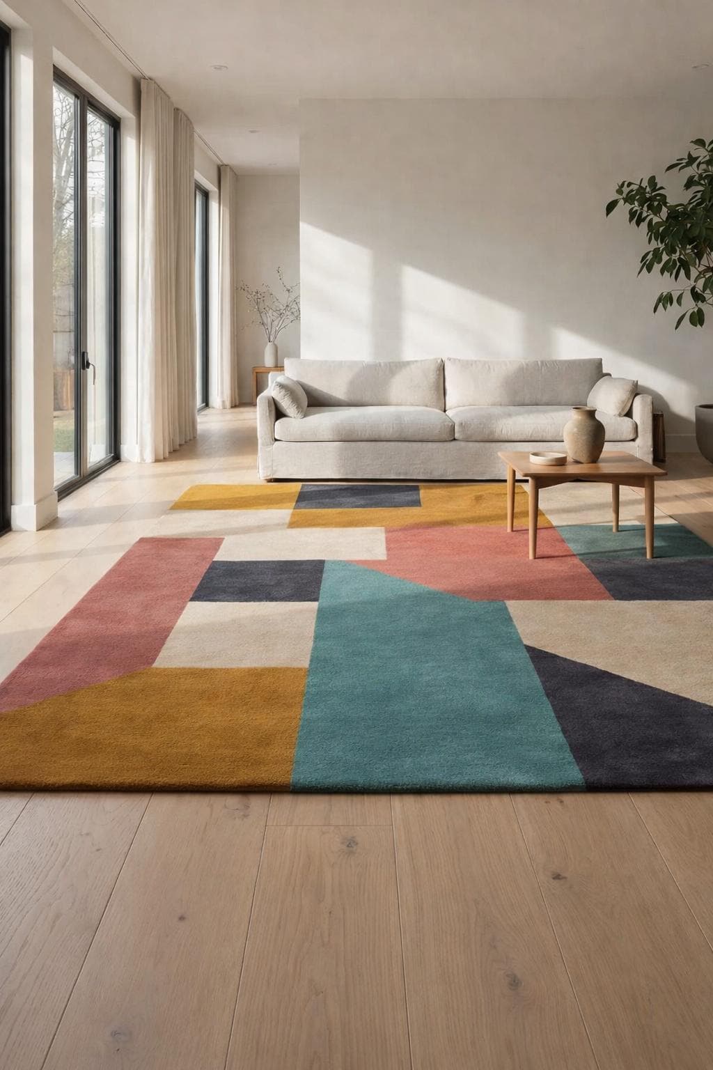 Hand Tufted Geometric Wool Area Rug | Modern Color Block Living Room Carpet