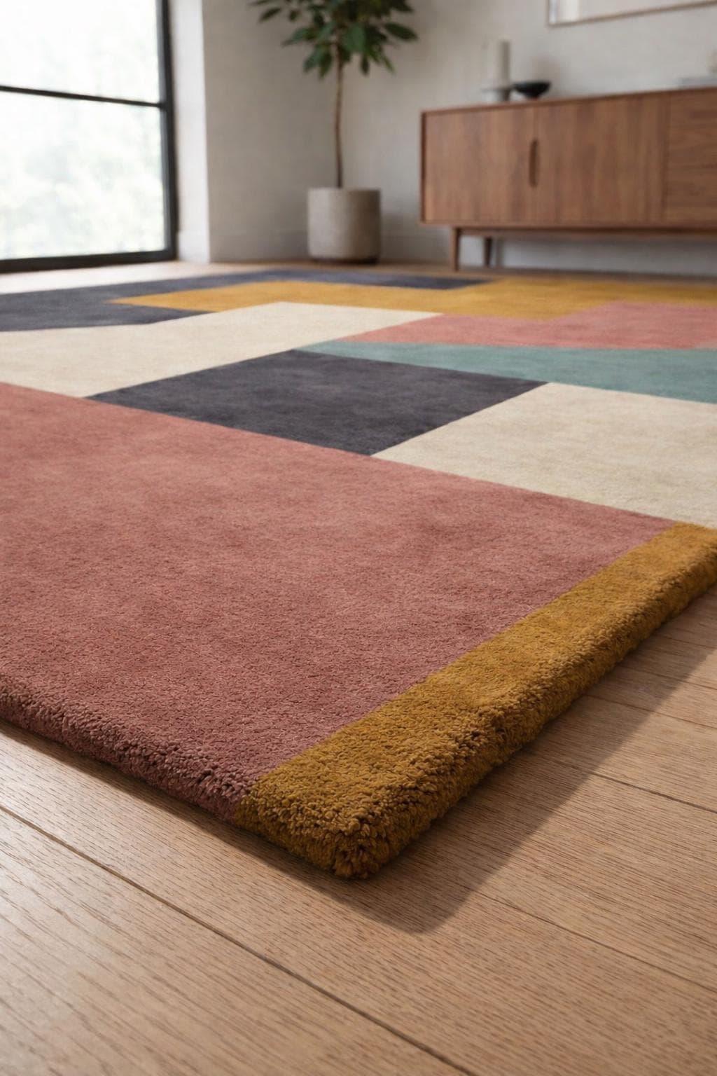 Hand Tufted Geometric Wool Area Rug | Modern Color Block Living Room Carpet