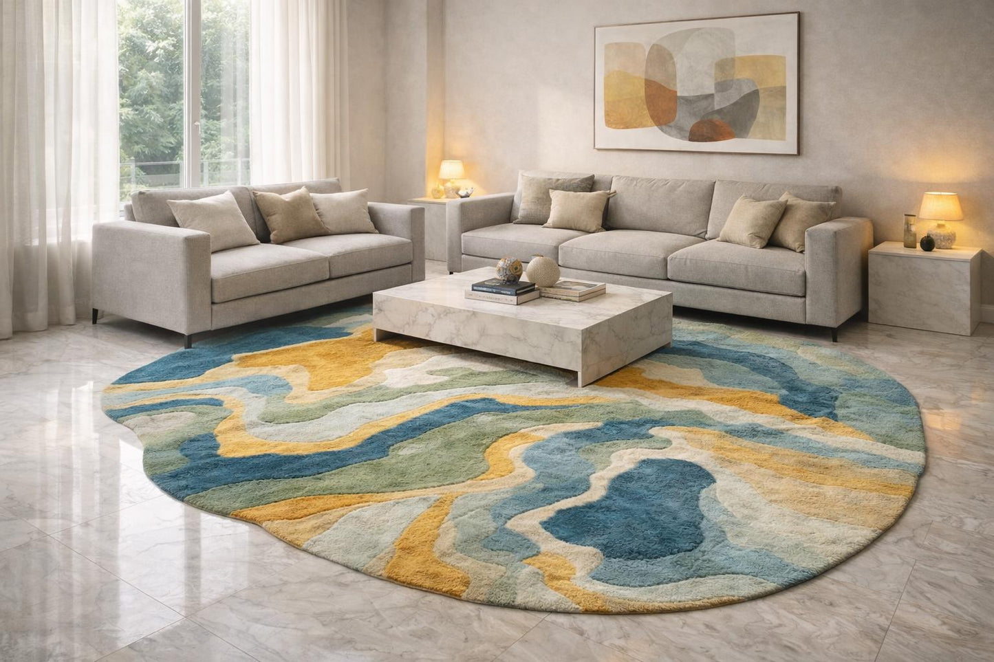 Hand Tufted Wool Round Rug, Abstract Blue Green Mustard, Modern Floor Decor