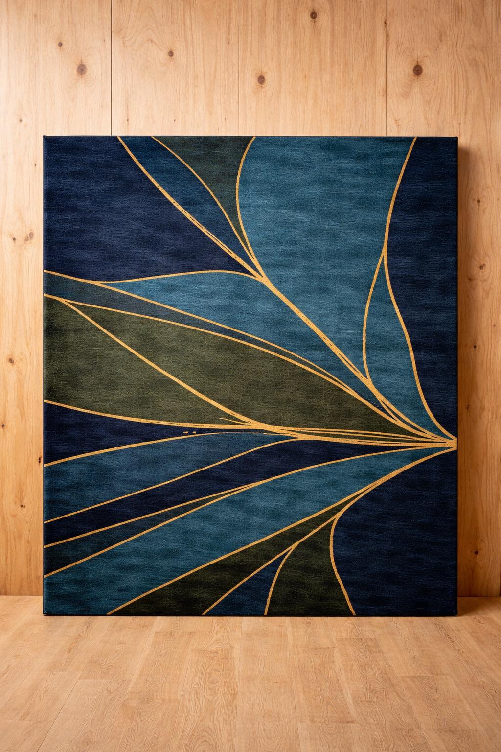 Navy Blue Green Abstract Wool Rug, Hand Tufted Gold Accent Custom Area Rugs