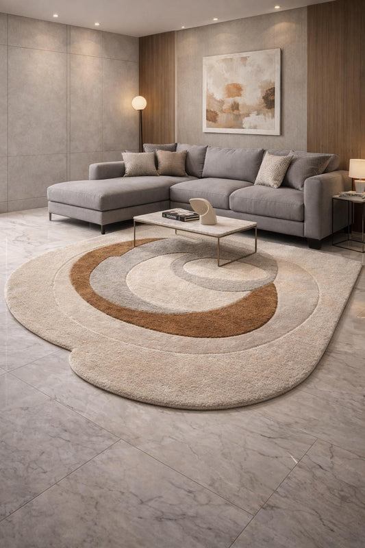 Handmade Tufted Wool Rug | Modern Abstract Circular Design, Neutral Luxury Carpet