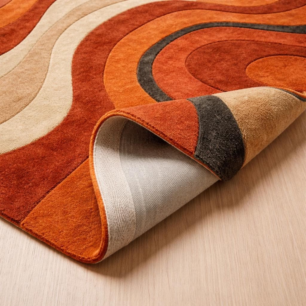 Irregular Abstract Wool Rug | Orange Retro Wavy Area Carpet