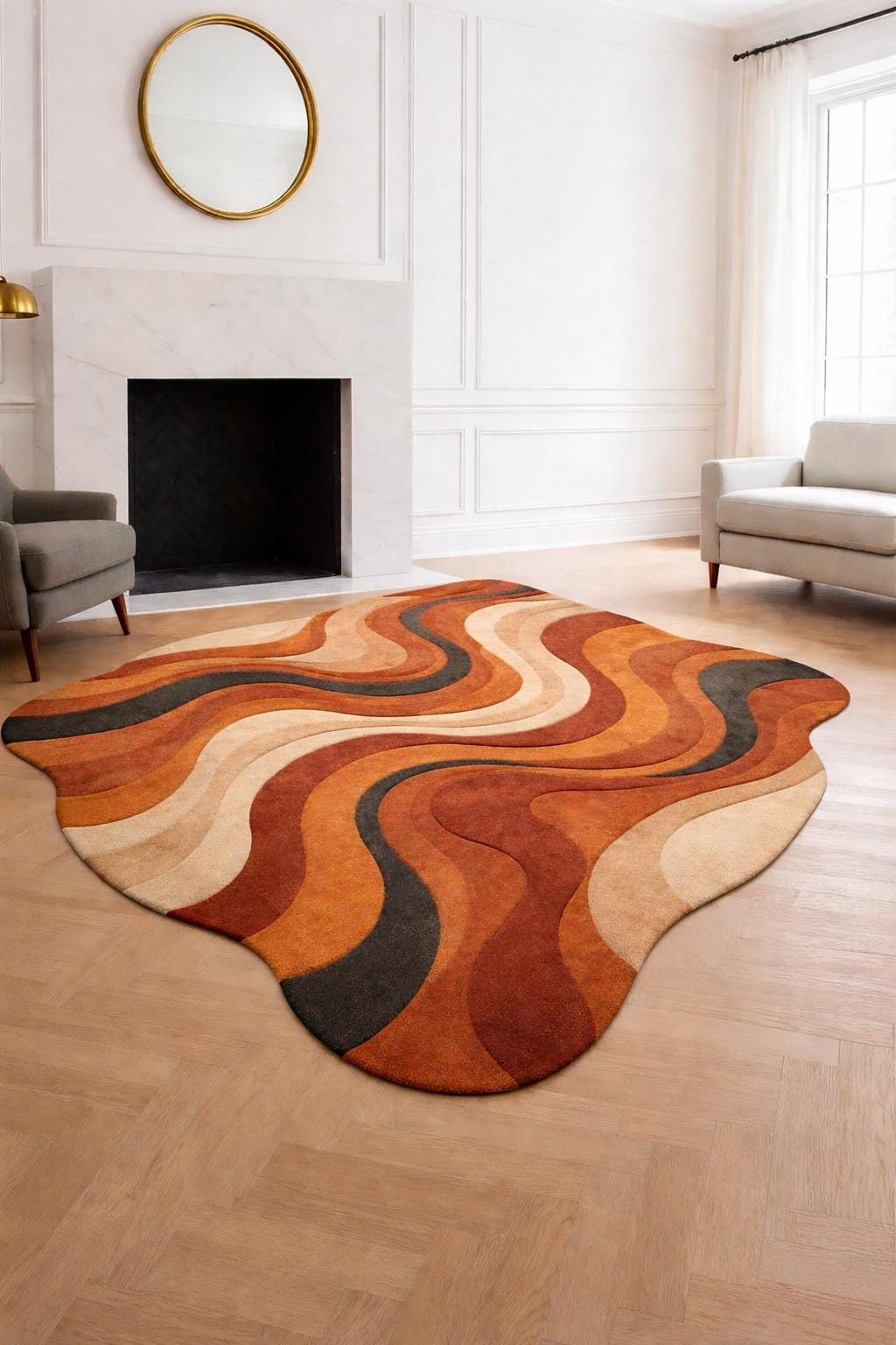 Irregular Abstract Wool Rug | Orange Retro Wavy Area Carpet