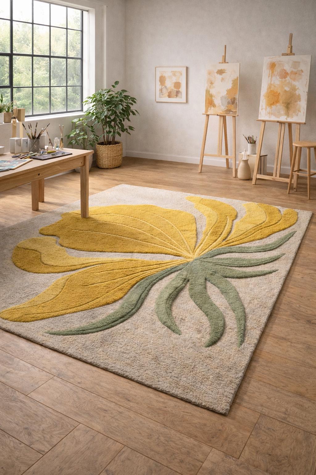Hand Tufted Wool Floral Rug, Yellow Botanical Area Carpet, Boho Modern Home
