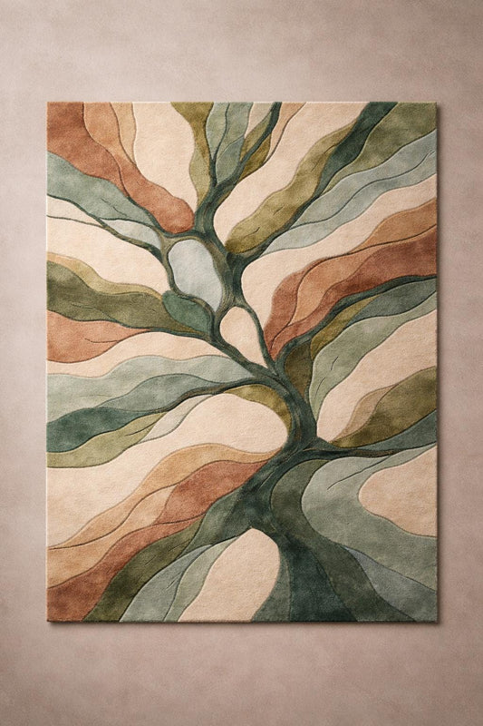 Hand Tufted Wool Tree Rug, Abstract Botanical Earth Tone, Modern Living Room Area Rug