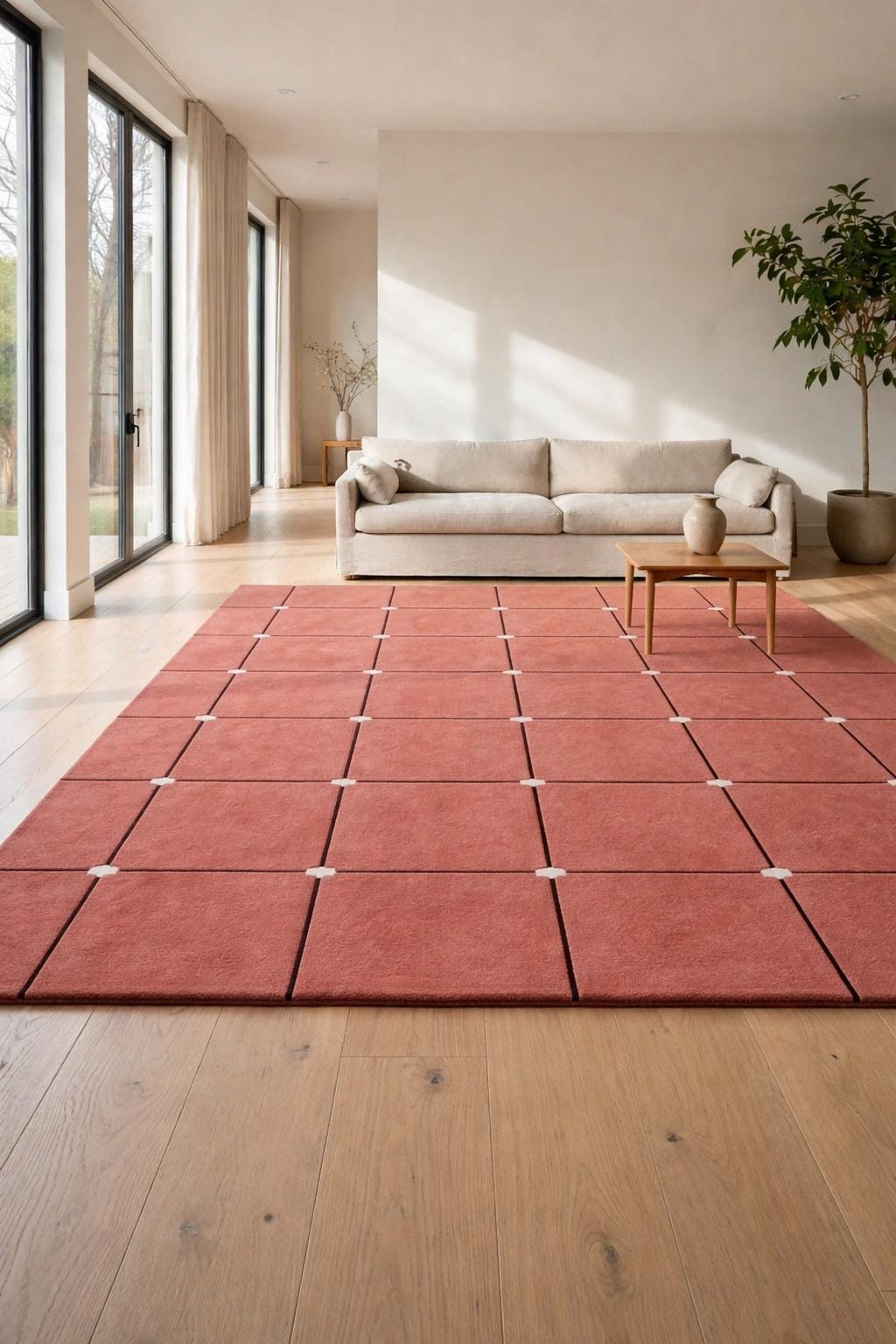 Hand Tufted Wool Area Rug, Geometric Grid Pattern, Minimalist Living Room Carpet