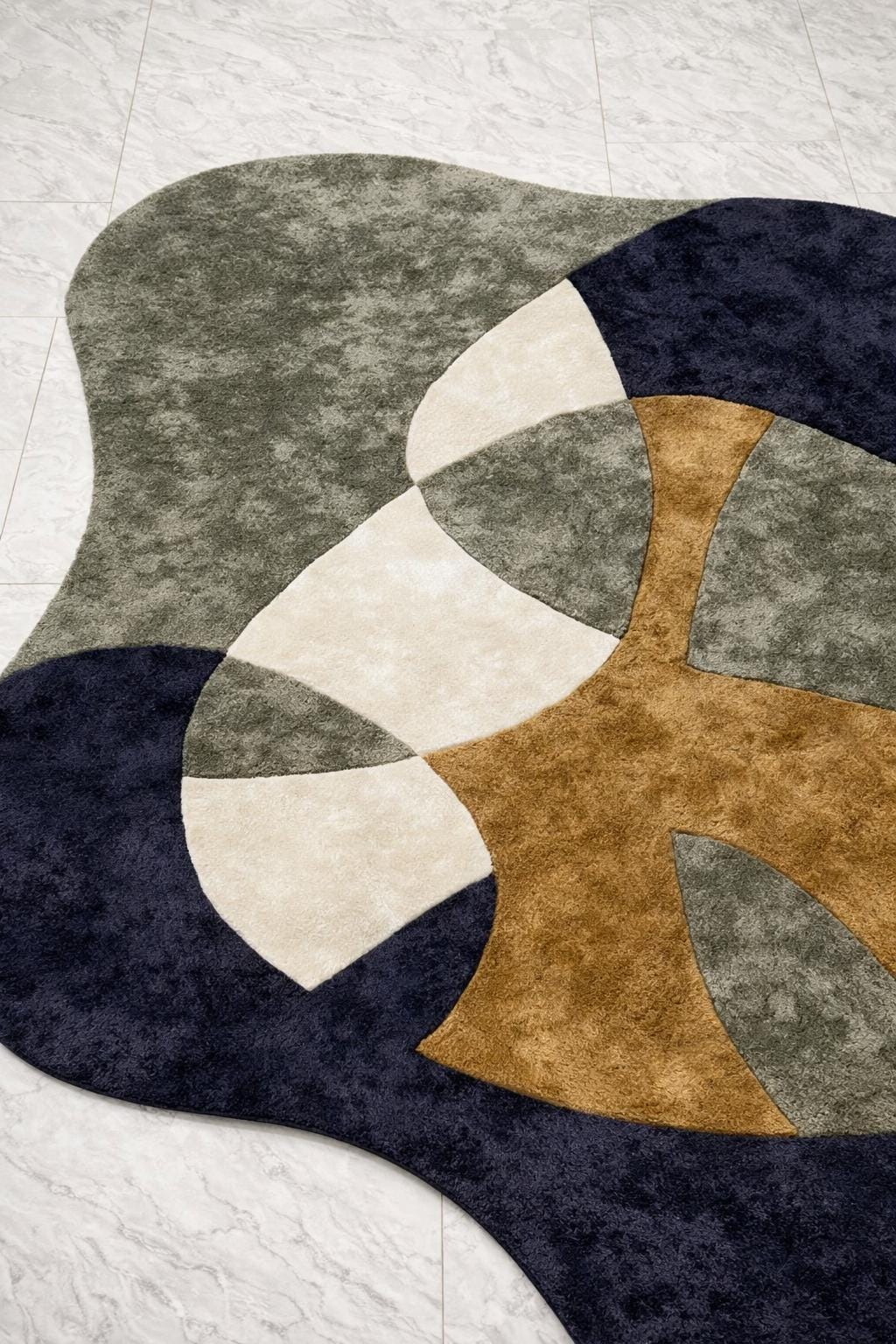 Hand Tufted Viscose Abstract Rug, Irregular Geometric Navy Mustard Beige Carpet