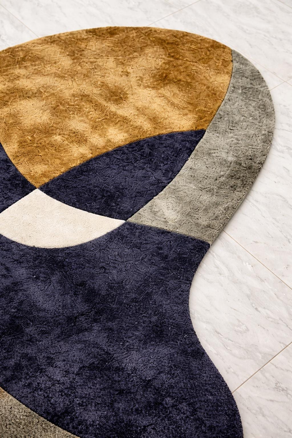 Hand Tufted Viscose Abstract Rug, Irregular Geometric Navy Mustard Beige Carpet