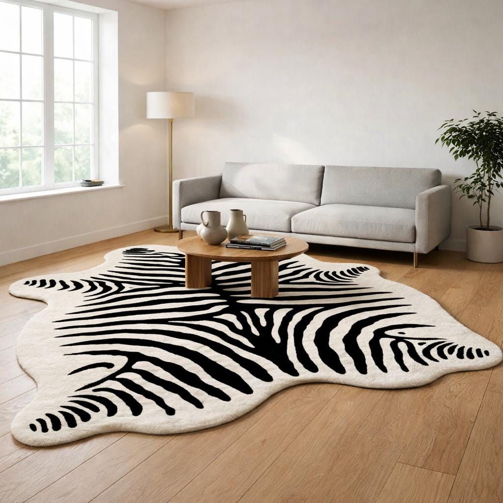 Hand Tufted Wool Zebra Hide Rug, Black White Animal Safari Area Rug