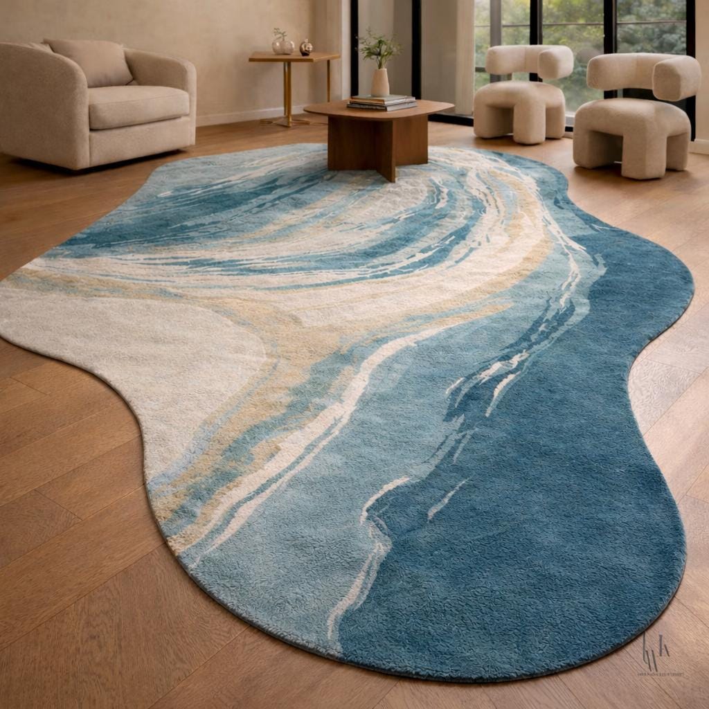 Hand Tufted New Zealand Wool Abstract Rug, Irregular Shape Blue Beige Area Carpet