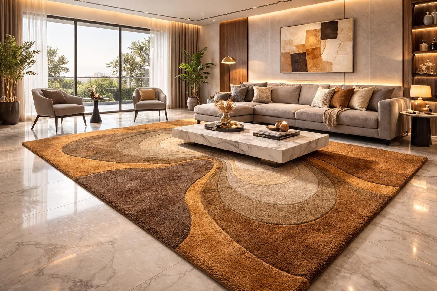 Handmade Abstract Swirl Wool Rug, Scandinavian Brown Beige Living Room Carpet (8x10 ft)