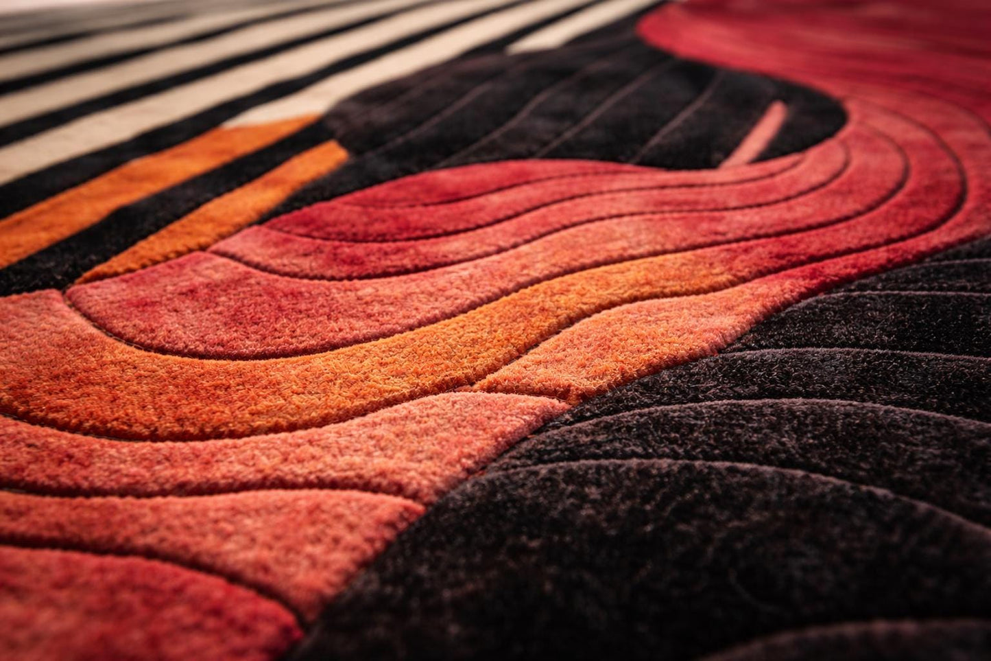 Modern Abstract Area Rug, Black White Red Orange Contemporary Silk Carpet, Statement Floor Art