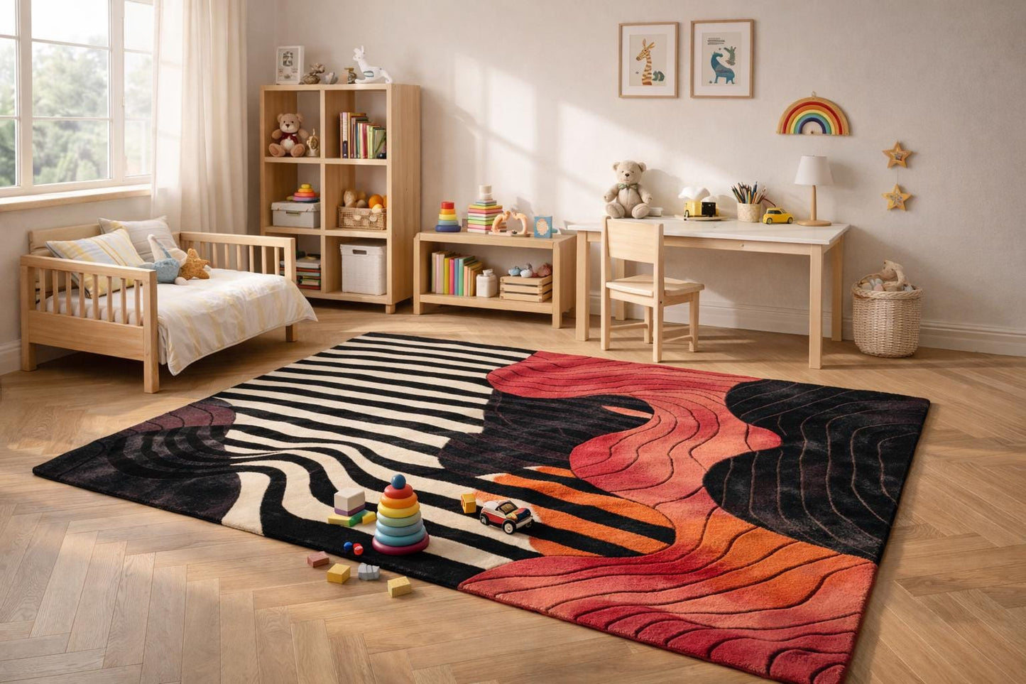 Modern Abstract Area Rug, Black White Red Orange Contemporary Silk Carpet, Statement Floor Art