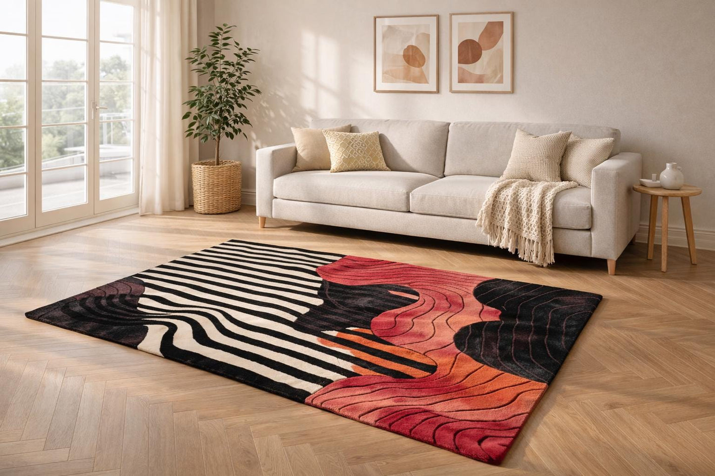 Modern Abstract Area Rug, Black White Red Orange Contemporary Silk Carpet, Statement Floor Art