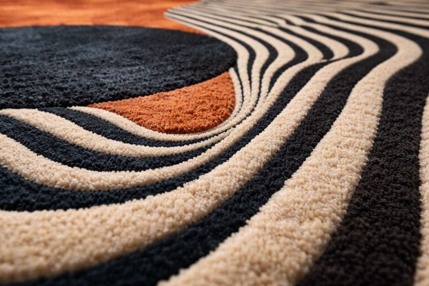 Abstract Wave Stripe Area Rug, Rust Orange Accent, Modern Living Room Carpet (9x12)