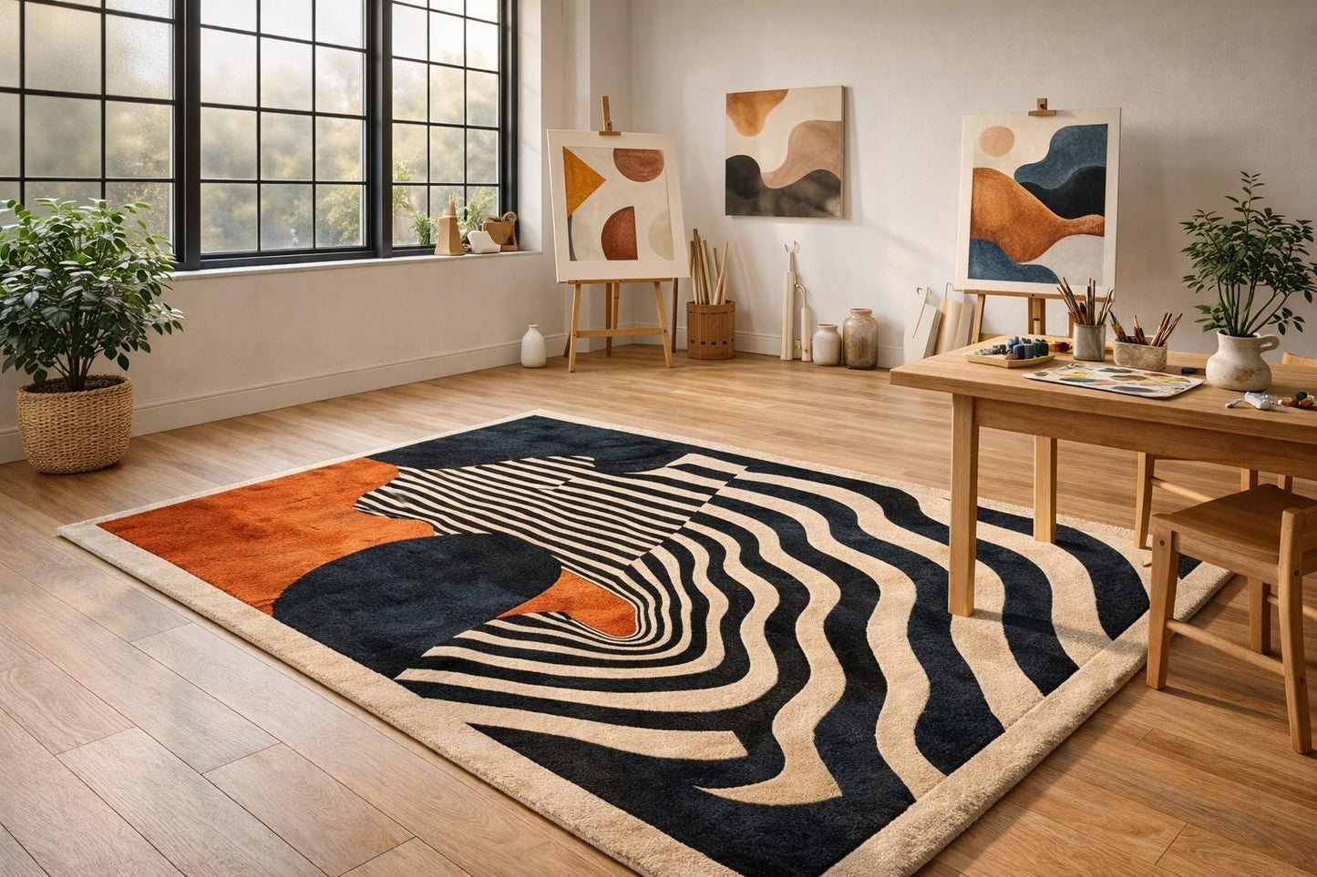 Abstract Wave Stripe Area Rug, Rust Orange Accent, Modern Living Room Carpet (9x12)