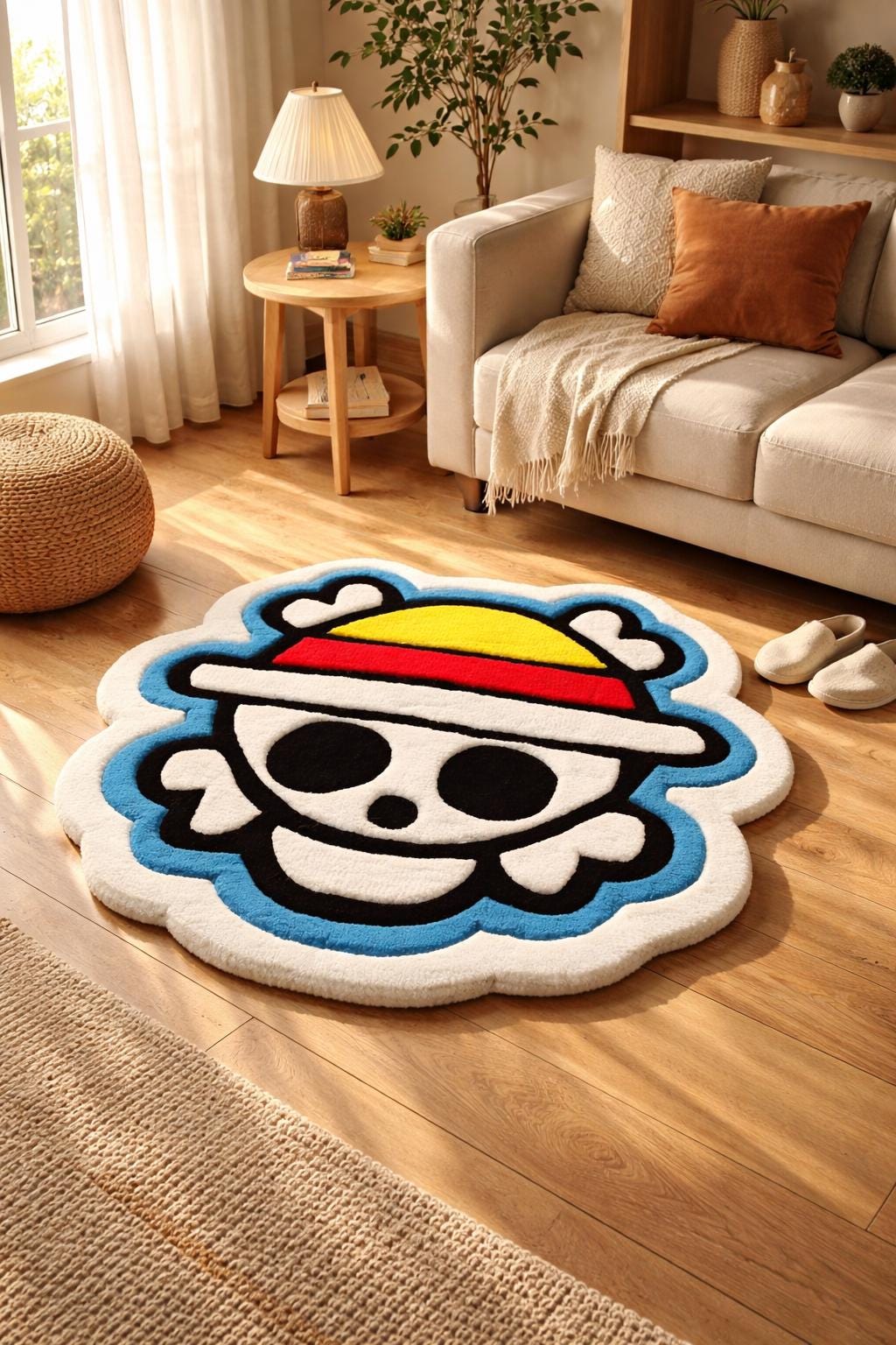 Anime Skull Straw Hat Tufted Rug, Pirate Punch Needle Carpet, Cartoon Room Decor