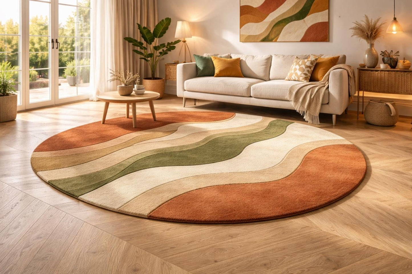 Round Abstract Area Rug, Earth Tone Wave Carpet, Contemporary Living Room Statement Circle Rug