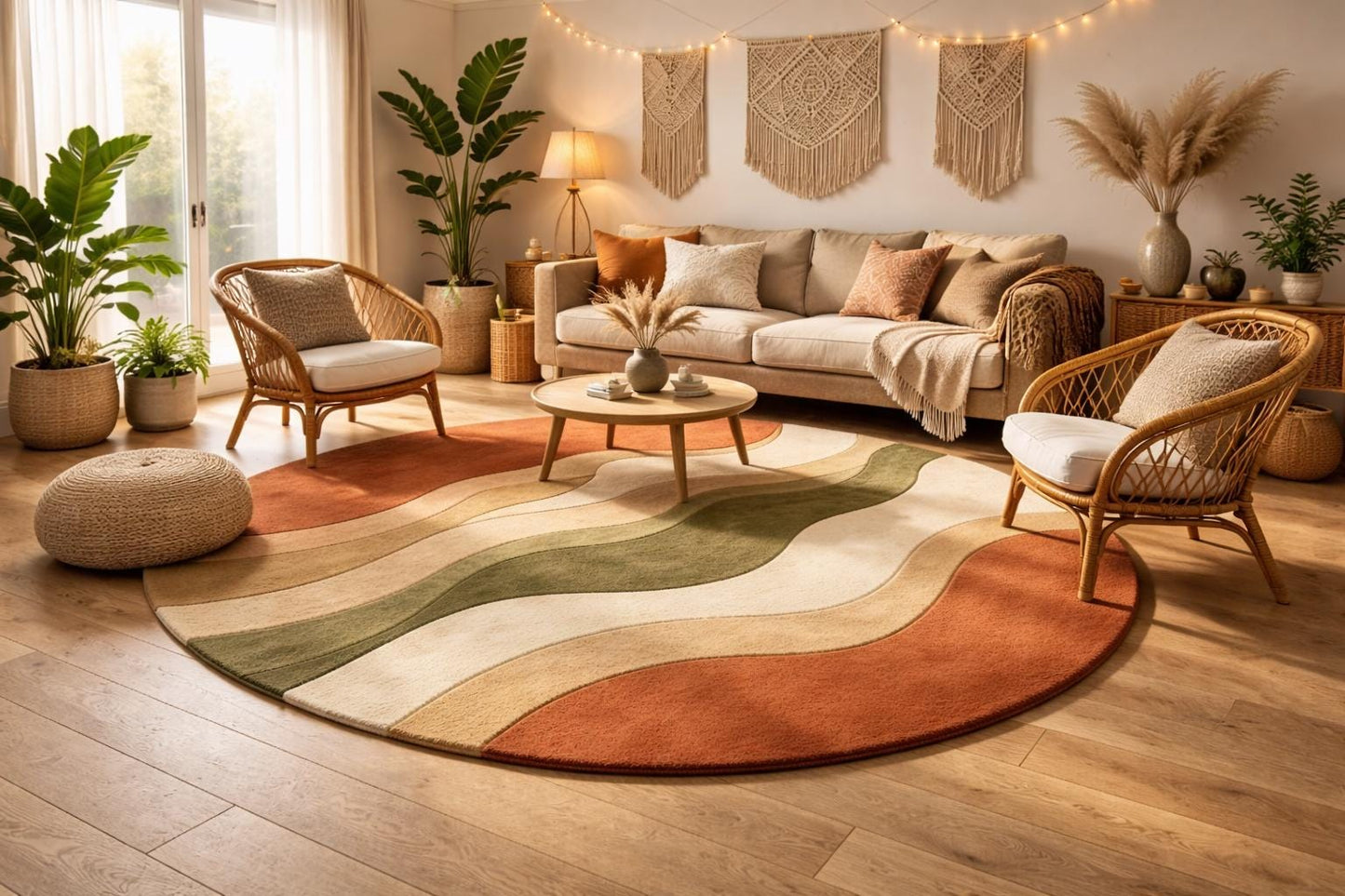 Round Abstract Area Rug, Earth Tone Wave Carpet, Contemporary Living Room Statement Circle Rug