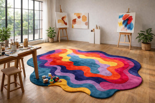 New Zealand Wool Abstract Wavy Rug, Modern Organic Rainbow Carpet, Plush Artistic Statement Piece
