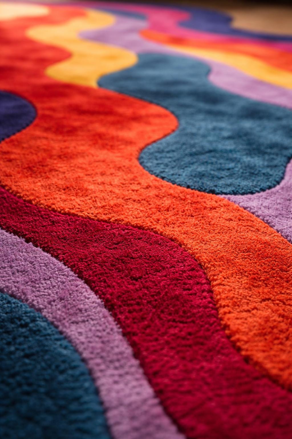 New Zealand Wool Abstract Wavy Rug, Modern Organic Rainbow Carpet, Plush Artistic Statement Piece