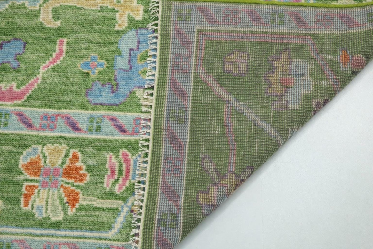 Green Oushak Rug, Hand Knotted Turkish Carpet, Floral Wool Area Rug