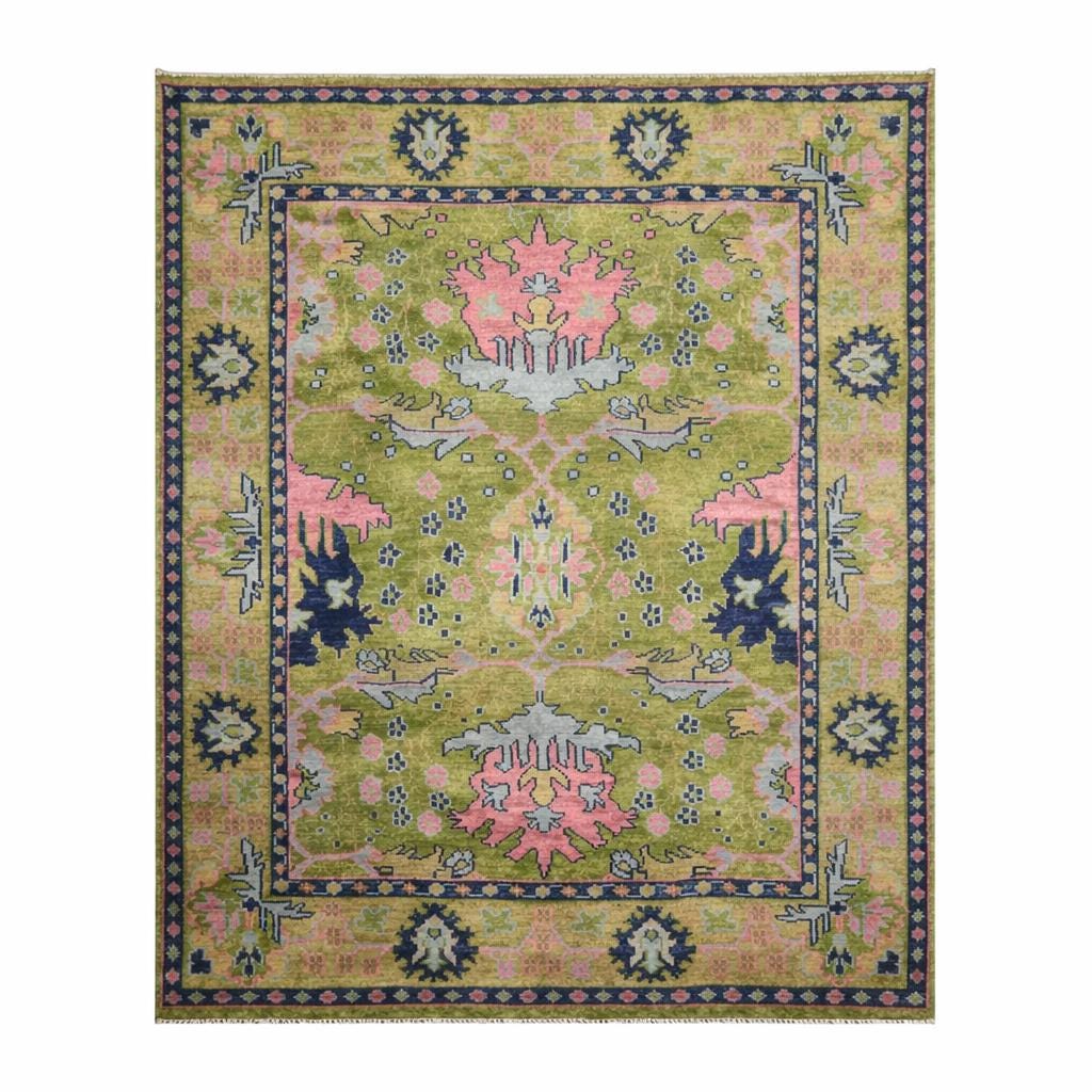 Green Oushak Rug, Hand Knotted Wool Floral Carpet, Traditional Turkish Area Rug