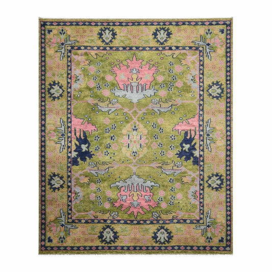 Green Oushak Rug, Hand Knotted Wool Floral Carpet, Traditional Turkish Area Rug