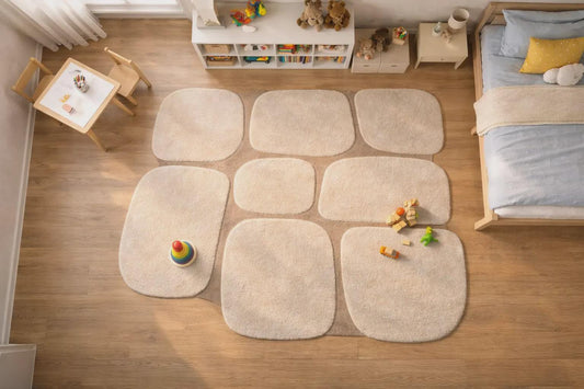 Modular Geometric Handmade  New Zealand Wool Rug, Plush Beige Interior Carpet