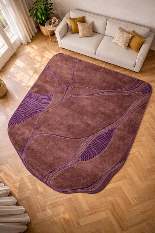 Modern Abstract Wave Rug, Purple Brown Interior Handmade Contemporary Carpet, Plush Textured Floor Decor